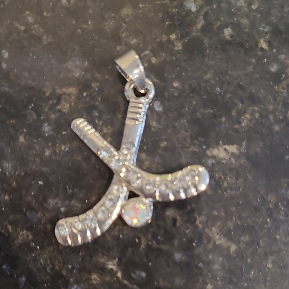 Silver Hockey Stick Pendant with Crystals
